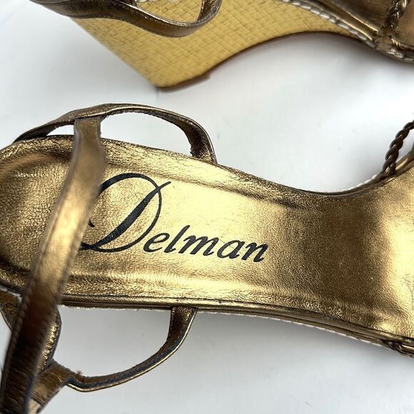 NWOB DELMAN Leather Strappy Wedge Gold Sandals Ankle Strap Made in Spain 40 US 9 - Picture 10 of 14